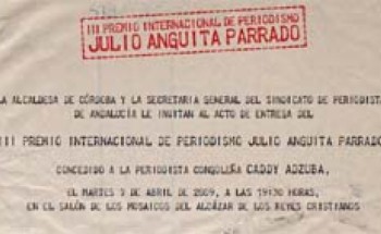 Invitación del acto de entrega del III Premio Internacional de Periodismo Julio Anguita Parrado