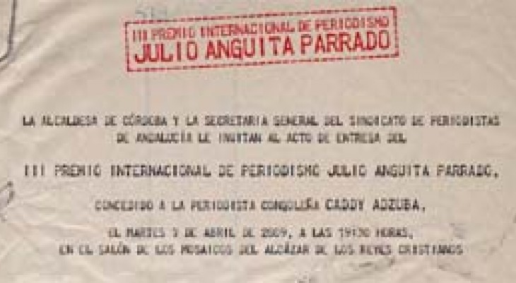 Invitación del acto de entrega del III Premio Internacional de Periodismo Julio Anguita Parrado
