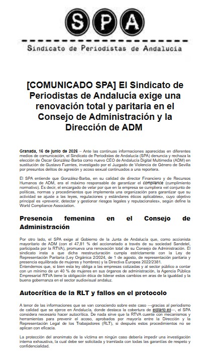 [COMUNICADO SPA] El Sindicato de Periodistas de Andalucía exige una renovación total y paritaria en el Consejo de Administración y la Dirección de ADM
